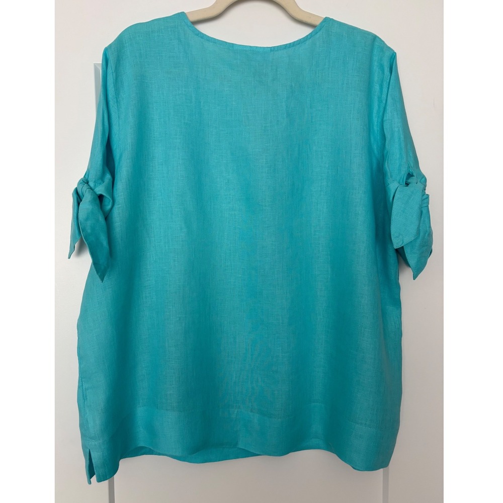 Charter Club Luxury Linen Turquoise Bow Tie Sleeve Split Neck XL Coastal Chic - Picture 2 of 8